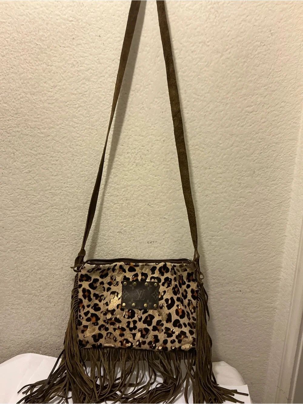 Leopard Print Fringe Crossbody Bag - Brown
